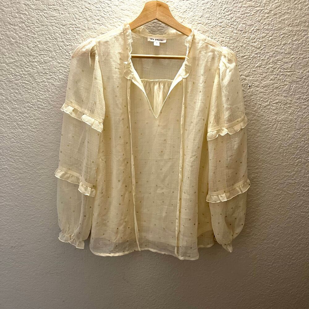 Blu Pepper Swiss Dot Ruffle Peasant Blouse Ivory Cream Cottagecore S Romantic - Picture 2 of 8